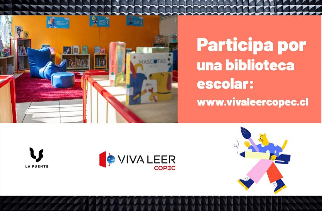 Biblioteca escolar Viva Leer Copec con libros infantiles y concurso de Fundación La Fuente para fomentar la lectura.