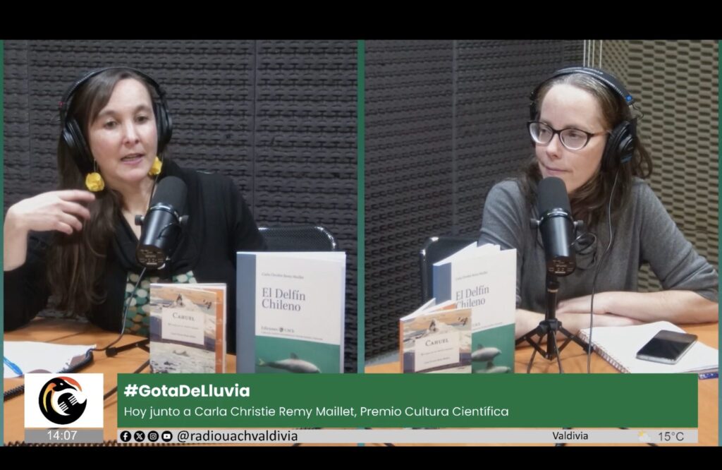 Cecilia Lagos Paredes conversa con Carla Christie Remy Maillet, Premio Cultura Científica, sobre Cahuel, mi viaje con el delfín chileno en el programa Gota de Lluvia de Radio UACh.
