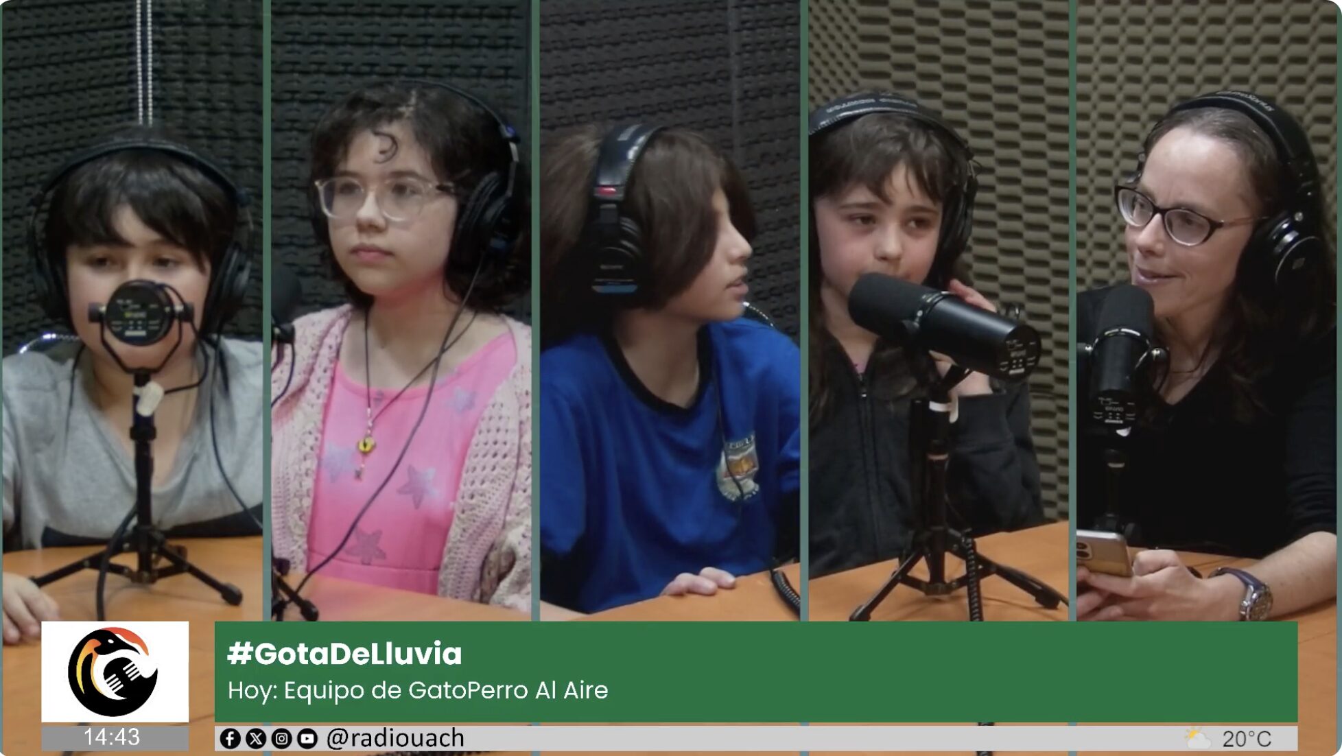Niños del podcast Gato Perro al Aire y Paula Marín en Gota de Lluvia de Radio UACh hablando sobre derechos de la niñez.