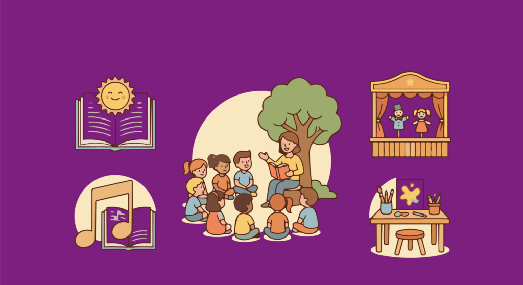 Ilustración infantil sobre lectura, música, teatro y creación artística en el marco del Mes del Libro 2026 en Los Ríos.